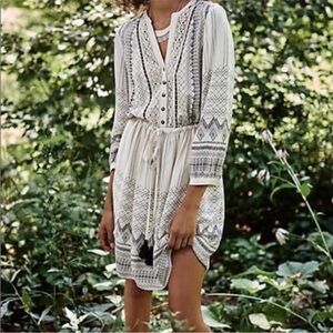 Anthropologie - White Cream Sundress with Bishop Sleeves and Mandarin Collar